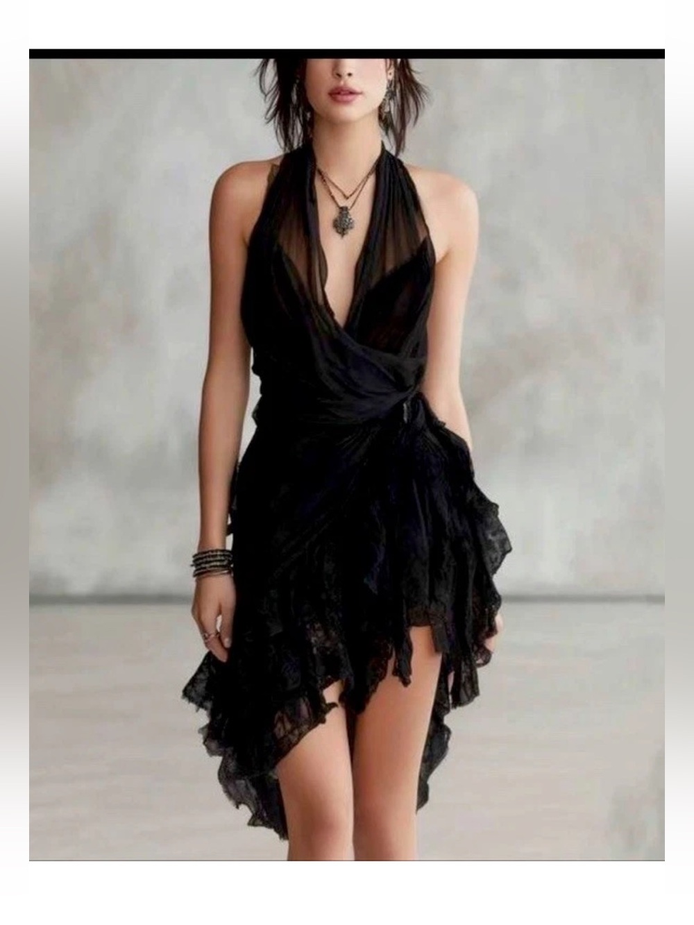 Women’s Chiffon Lace Trim Deep V Neck Black Dress XL